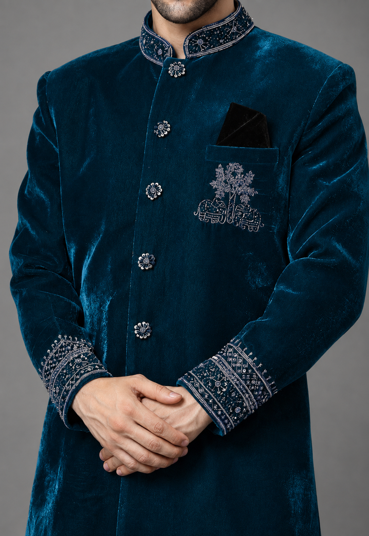 Navy blue velvet sherwani set