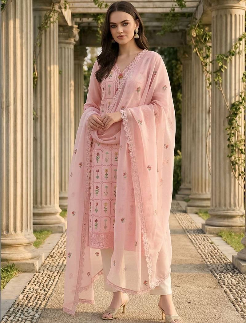 Women Floral Embroidered Regular Thread Work Pure Cotton Kurta with Trousers & With Dupatta