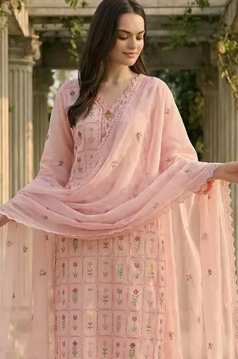 Women Floral Embroidered Regular Thread Work Pure Cotton Kurta with Trousers & With Dupatta