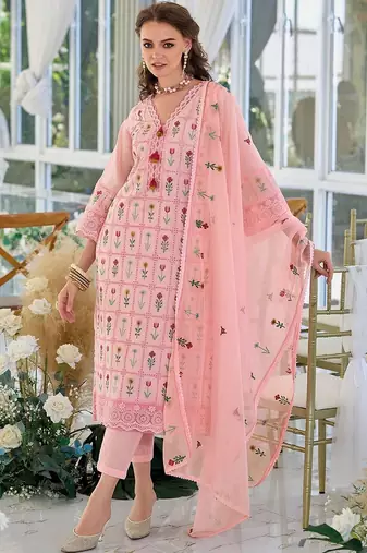 Women Floral Embroidered Regular Thread Work Pure Cotton Kurta with Trousers & With Dupatta