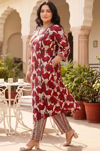 Plus Size Maroon Printed A-Line Kurta Trousers Set