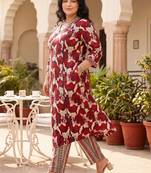 Plus Size Maroon Printed A-Line Kurta Trousers Set