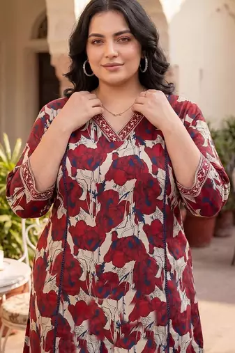 Plus Size Maroon Printed A-Line Kurta Trousers Set