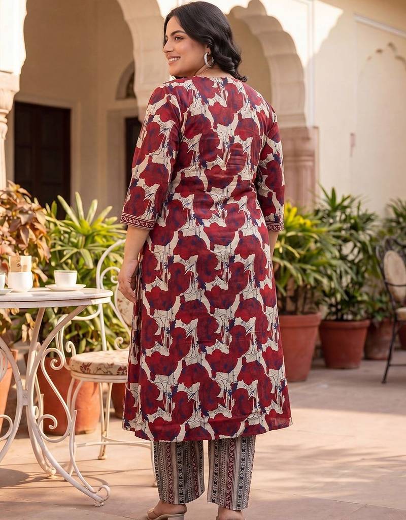 Plus Size Maroon Printed A-Line Kurta Trousers Set