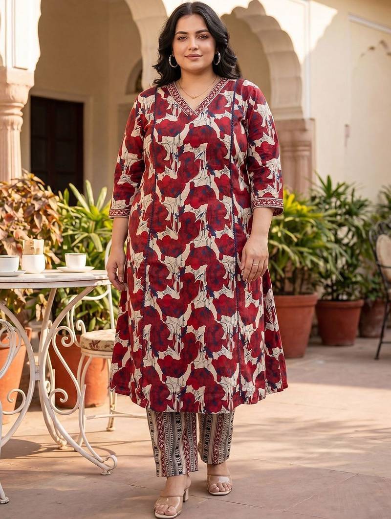 Plus Size Maroon Printed A-Line Kurta Trousers Set