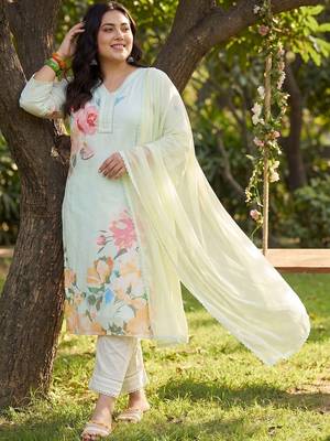 Plus Size Sea Green Printed Straight Kurta Trousers With Dupatta Set 1