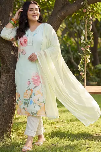Plus Size Sea Green Printed Straight Kurta Trousers With Dupatta Set
