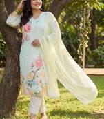Plus Size Sea Green Printed Straight Kurta Trousers With Dupatta Set