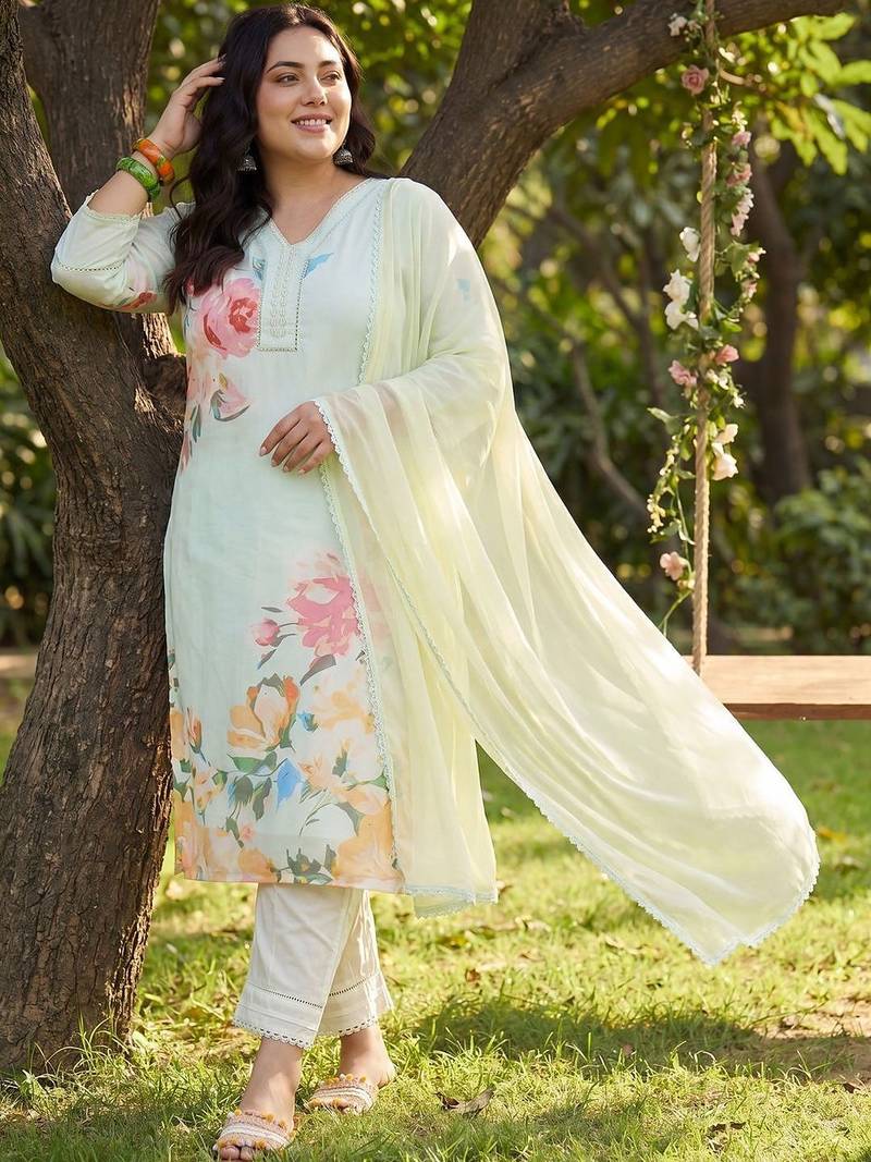 Plus Size Sea Green Printed Straight Kurta Trousers With Dupatta Set