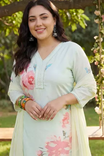 Plus Size Sea Green Printed Straight Kurta Trousers With Dupatta Set