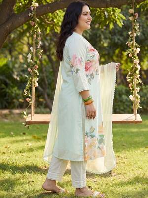 Plus Size Sea Green Printed Straight Kurta Trousers With Dupatta Set 3