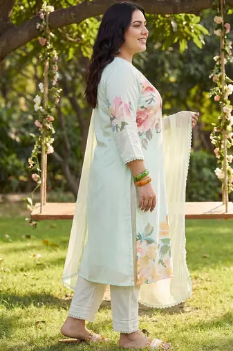 Plus Size Sea Green Printed Straight Kurta Trousers With Dupatta Set