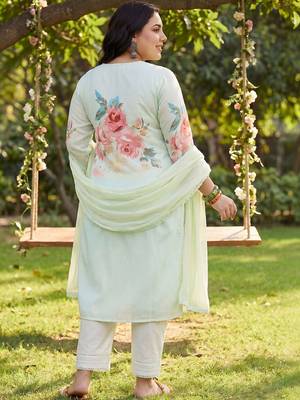Plus Size Sea Green Printed Straight Kurta Trousers With Dupatta Set 4