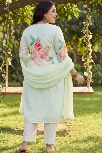 Plus Size Sea Green Printed Straight Kurta Trousers With Dupatta Set