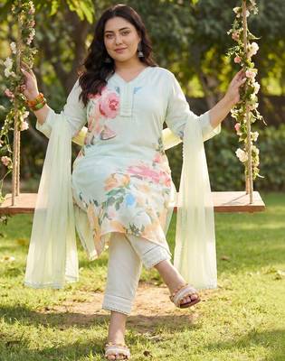Plus Size Sea Green Printed Straight Kurta Trousers With Dupatta Set 5
