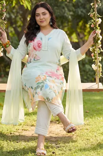 Plus Size Sea Green Printed Straight Kurta Trousers With Dupatta Set
