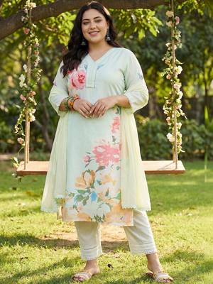 Plus Size Sea Green Printed Straight Kurta Trousers With Dupatta Set 6