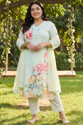 Plus Size Sea Green Printed Straight Kurta Trousers With Dupatta Set