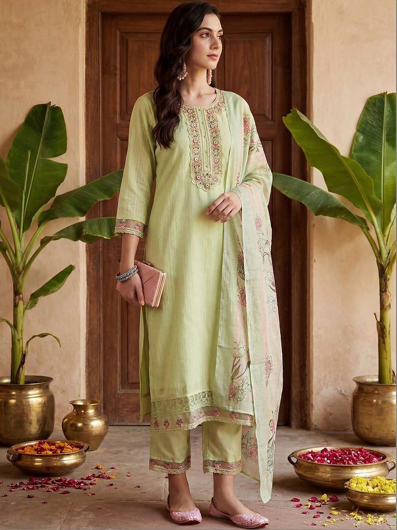 Women Ethnic Motifs Embroidered Regular Thread Work Kurta with Trousers & With Dupatta