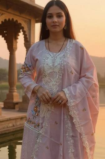 Women Floral Embroidered Cotton Kurta with Trousers & Dupatta