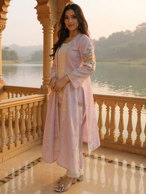 Women Floral Embroidered Cotton Kurta with Trousers & Dupatta 4