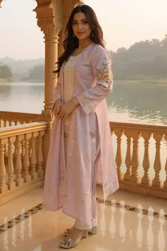 Women Floral Embroidered Cotton Kurta with Trousers & Dupatta