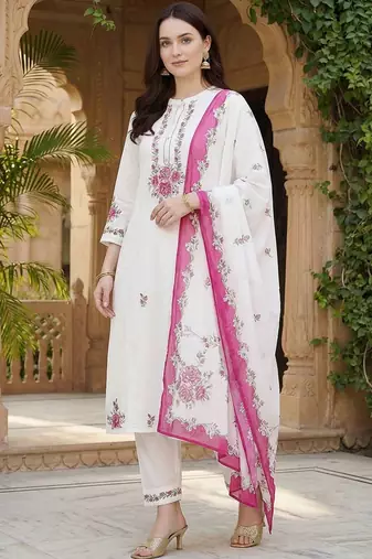 Women Floral Embroidered Regular Thread Work Pure Cotton Kurta with Trousers & With Dupatta