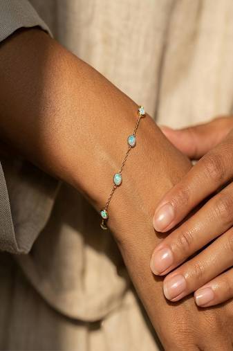 Elegant 925 Sterling Silver Bracelet with Blue Opal Stones and Delicate Gold-Plated Chain Design for Women