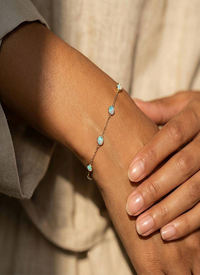 Elegant 925 Sterling Silver Bracelet with Blue Opal Stones and Delicate Gold-Plated Chain Design for Women