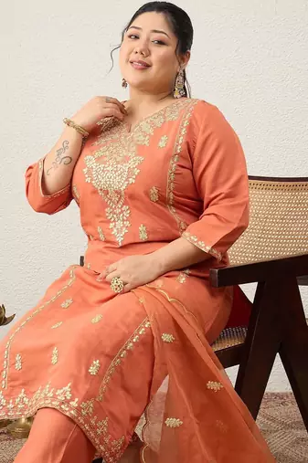 Plus Size Ethnic Motifs Embroidered Regular Kurta with Trousers & With Dupatta