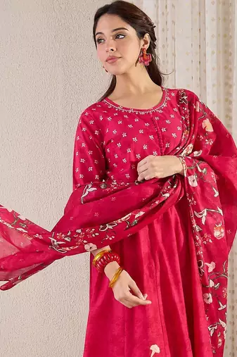 Floral Printed Pure Cotton A-Line Kurta With Trousers & Dupatta