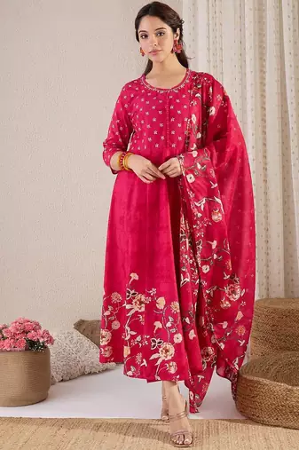 Floral Printed Pure Cotton A-Line Kurta With Trousers & Dupatta