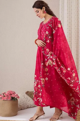 Floral Printed Pure Cotton A-Line Kurta With Trousers & Dupatta