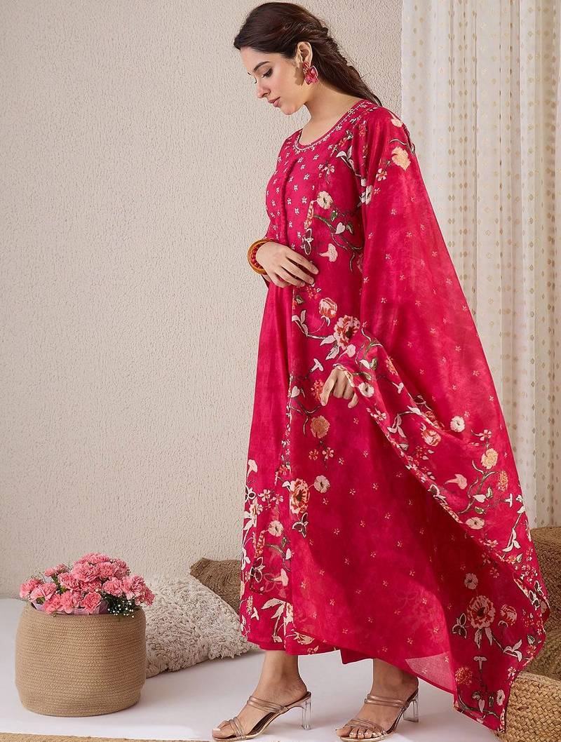 Floral Printed Pure Cotton A-Line Kurta With Trousers & Dupatta