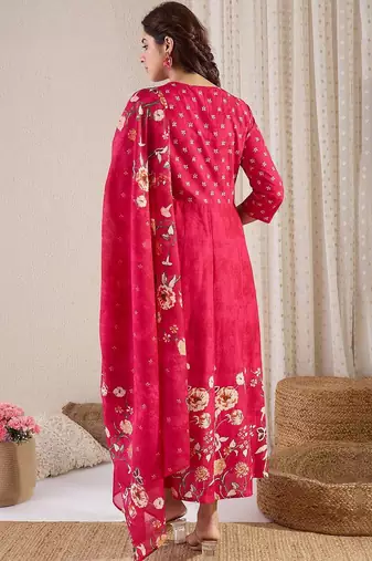 Floral Printed Pure Cotton A-Line Kurta With Trousers & Dupatta