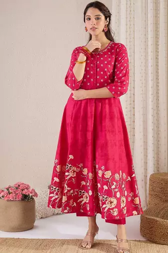 Floral Printed Pure Cotton A-Line Kurta With Trousers & Dupatta