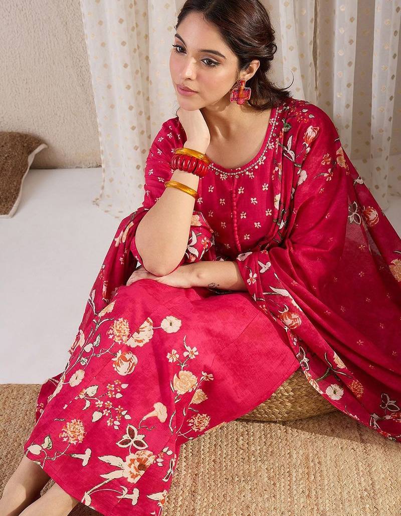 Floral Printed Pure Cotton A-Line Kurta With Trousers & Dupatta