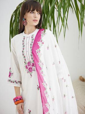 Floral Embroidered Thread Work Pure Cotton Kurta With Trousers & Dupatta 1