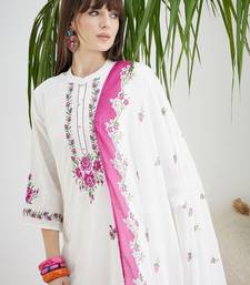 Floral Embroidered Thread Work Pure Cotton Kurta With Trousers & Dupatta
