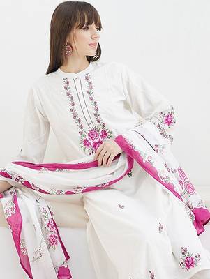 Floral Embroidered Thread Work Pure Cotton Kurta With Trousers & Dupatta 7
