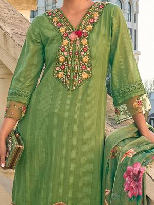 Floral Embroidered Thread Work Pure Cotton Kurta with Trousers & With Dupatta 2