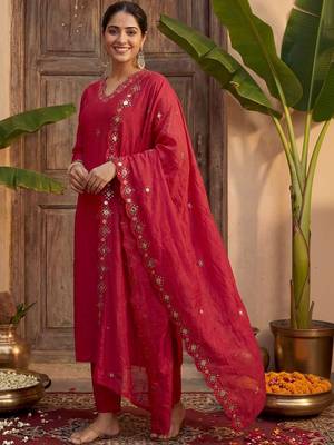 Women Ethnic Motifs Embroidered Regular Mirror Work Kurta with Trousers & With Dupatta 1