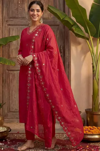 Women Ethnic Motifs Embroidered Regular Mirror Work Kurta with Trousers & With Dupatta