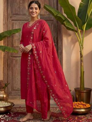 Women Ethnic Motifs Embroidered Regular Mirror Work Kurta with Trousers & With Dupatta 3