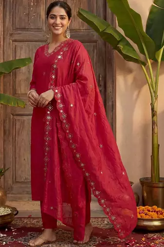 Women Ethnic Motifs Embroidered Regular Mirror Work Kurta with Trousers & With Dupatta