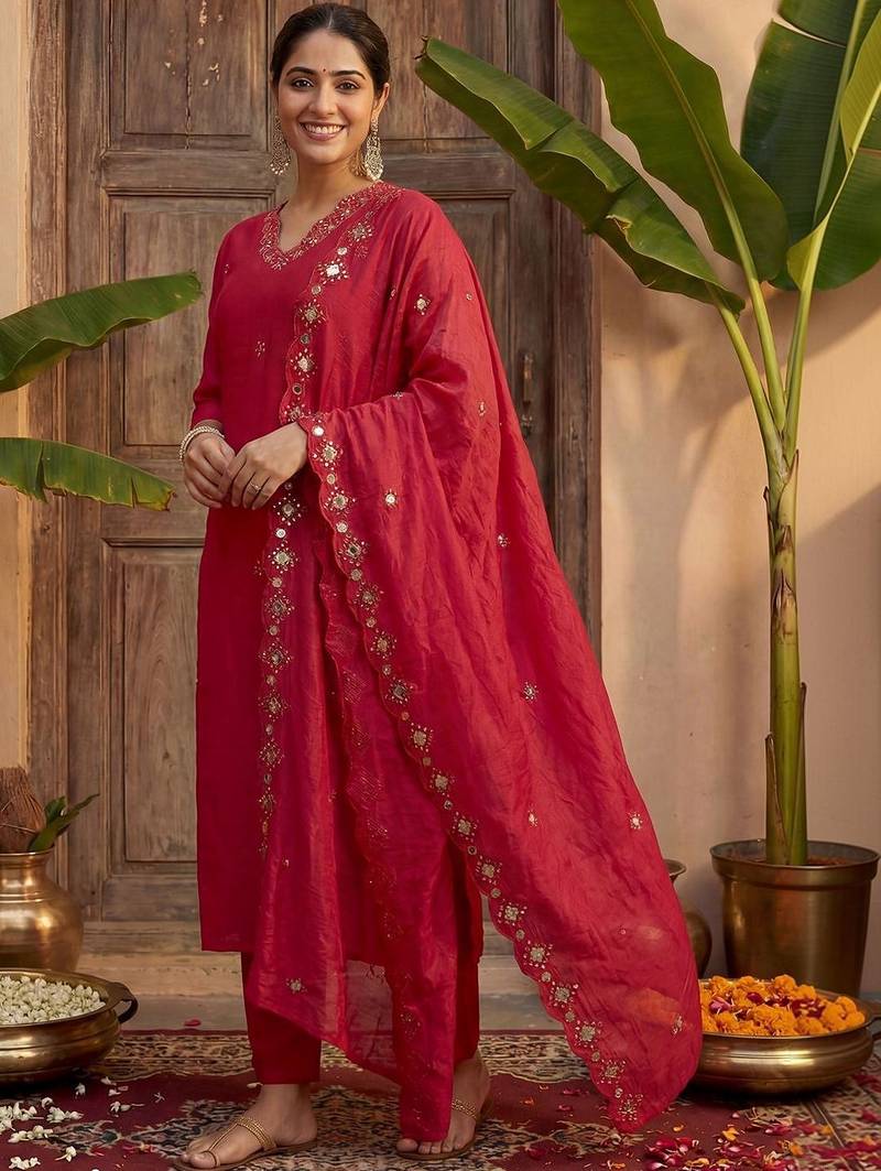 Women Ethnic Motifs Embroidered Regular Mirror Work Kurta with Trousers & With Dupatta
