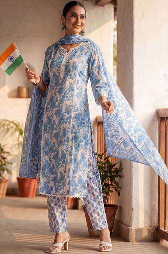 Women Floral Printed Regular Thread Work Pure Cotton Kurta with Trousers & With Dupatta
