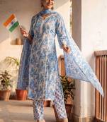 Women Floral Printed Regular Thread Work Pure Cotton Kurta with Trousers & With Dupatta