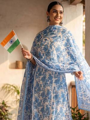 Women Floral Printed Regular Thread Work Pure Cotton Kurta with Trousers & With Dupatta 2