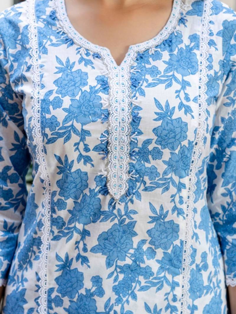 Women Floral Printed Regular Thread Work Pure Cotton Kurta with Trousers & With Dupatta